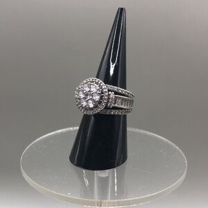 Faux Diamonds Halo Engagement Ring Costume Statement Jewelry Designer Look 7.25